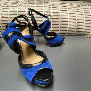 Used Jessica Simpson black and blue peep toe heels